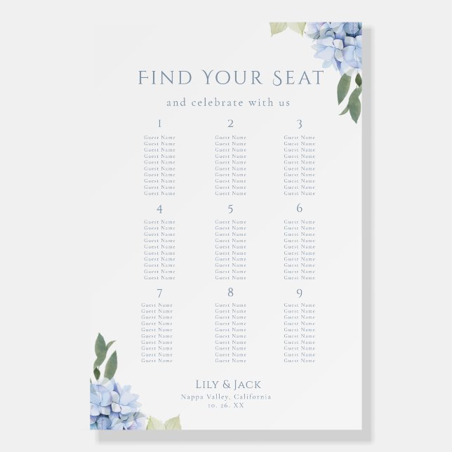 Elegant  Blue Hydrangea Wedding Seating Chart 9 Foam Board (Front)