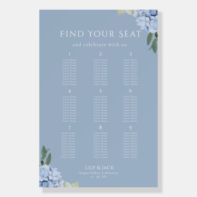 Elegant  Blue Hydrangea Wedding Seating Chart 9 Foam Board (Front)