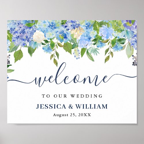 Elegant Blue Hydrangea Wedding Welcome Sign