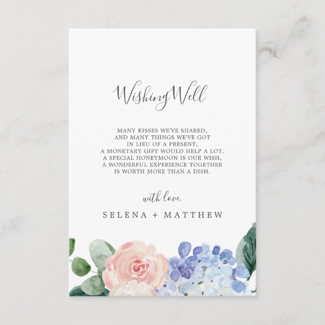 Elegant Blue Hydrangea Wedding Wishing Well Card (Front)