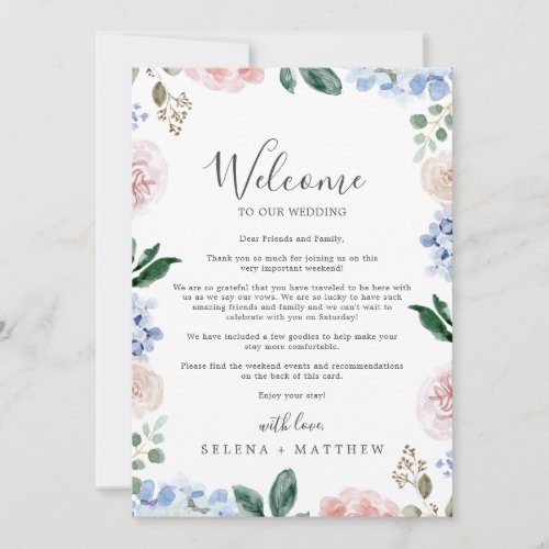 Elegant Blue Hydrangea Welcome Letter  Itinerary