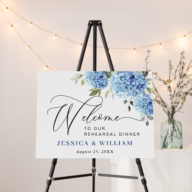 Elegant Blue Hydrangea Welcome REHEARSAL DINNER Foam Board (In Situ (Stand))