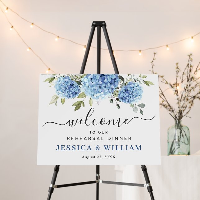 Elegant Blue Hydrangea Welcome REHEARSAL DINNER Foam Board (In Situ (Stand))