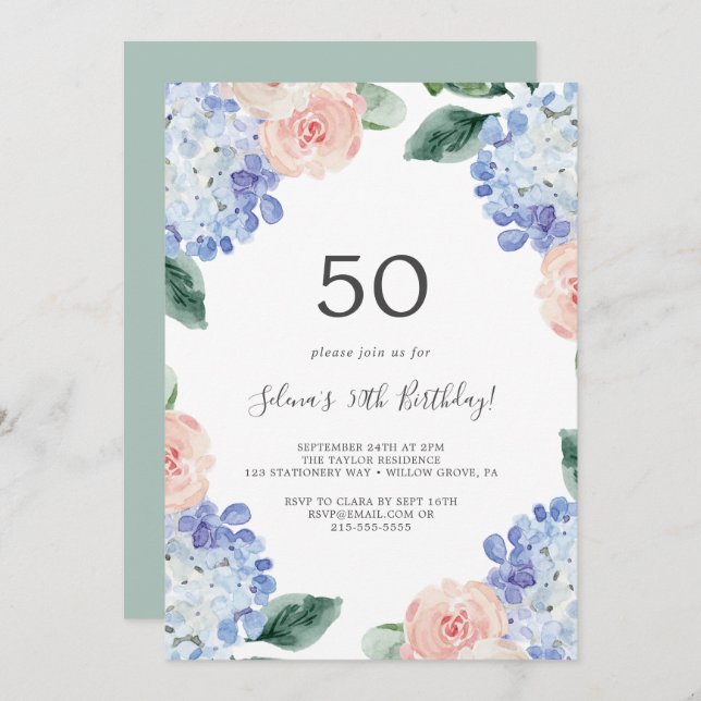 Elegant Blue Hydrangea | White 50th Birthday Party Invitation (Front/Back)