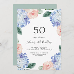 Elegant Blue Hydrangea White 50th Birthday Party Invitation