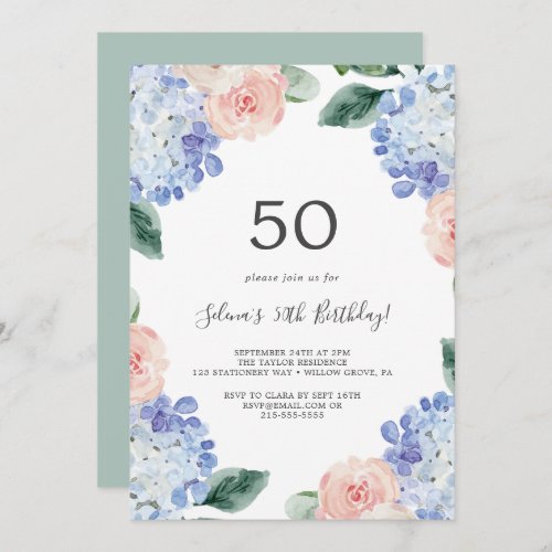 Elegant Blue Hydrangea  White 50th Birthday Party Invitation