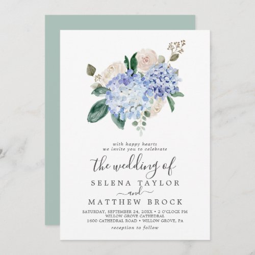Elegant Blue Hydrangea  White All In One Wedding Invitation