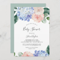 Elegant Blue Hydrangea | White Baby Shower Invitation