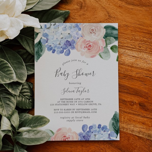 Elegant Blue Hydrangea | White Baby Shower Invitation