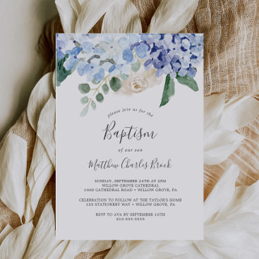 Elegant Blue Hydrangea | White Baptism Invitation