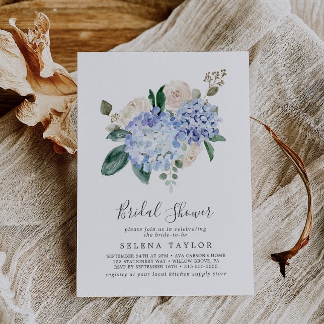 Elegant Blue Hydrangea | White Bridal Shower Invitation