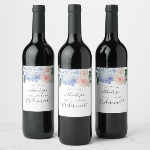 Elegant Blue Hydrangea  White Bridesmaid Proposal Wine Label