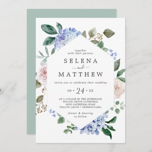 Elegant Blue Hydrangea  White Casual Wedding Invitation