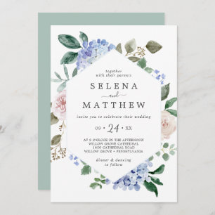 Elegant Blue Hydrangea White Casual Wedding Invitation