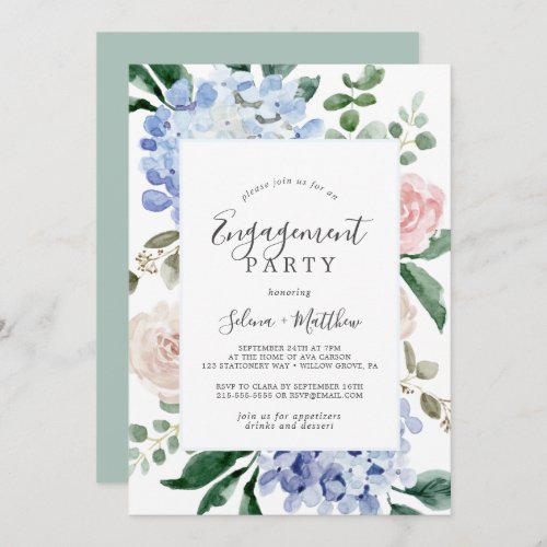 Elegant Blue Hydrangea  White Engagement Party Invitation
