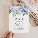 Elegant Blue Hydrangea White First Birthday Party Invitation<br><div class="desc">This elegant blue hydrangea white first birthday invitation is perfect for a spring or summer birthday party. The classic floral design features soft powder blue watercolor hydrangeas accented with neutral blush pink flowers and green leaves.</div>