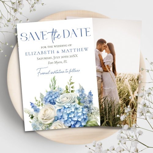 Elegant Blue Hydrangea White Florals Photo Wedding Save The Date