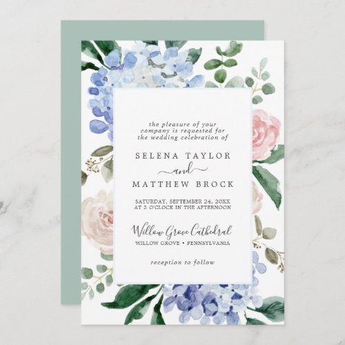 Elegant Blue Hydrangea  White Formal Wedding Invitation