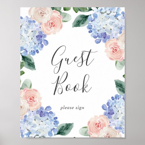 Elegant Blue Hydrangea  White Guest Book Sign