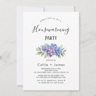 Elegant Blue Hydrangea | White Housewarming  Invitation