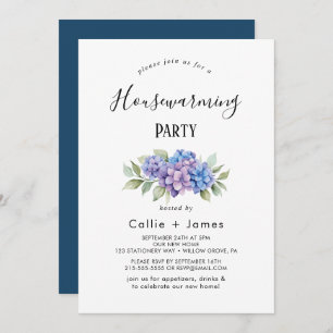Elegant Blue Hydrangea   White Housewarming  Invitation