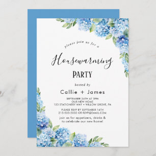 Elegant Blue Hydrangea   White Housewarming  Invitation