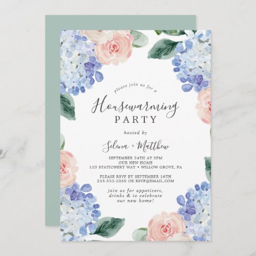 Elegant Blue Hydrangea  White Housewarming Party Invitation