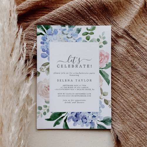 Elegant Blue Hydrangea  White Lets Celebrate Invitation