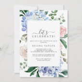 Elegant Blue Hydrangea | White Let's Celebrate Invitation (Front)
