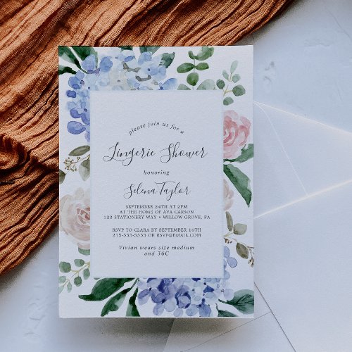 Elegant Blue Hydrangea  White Lingerie Shower Invitation