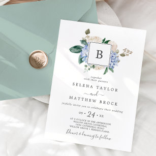 Elegant Blue Hydrangea   White Monogram Wedding Invitation