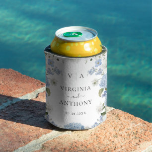 Elegant Blue Hydrangea White Roses Floral Wedding Can Cooler