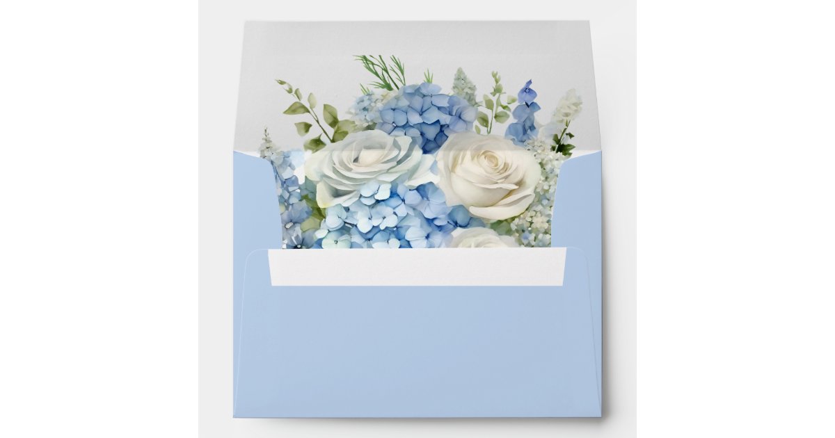 Elegant Blue Hydrangea White Roses Floral Wedding Envelope | Zazzle