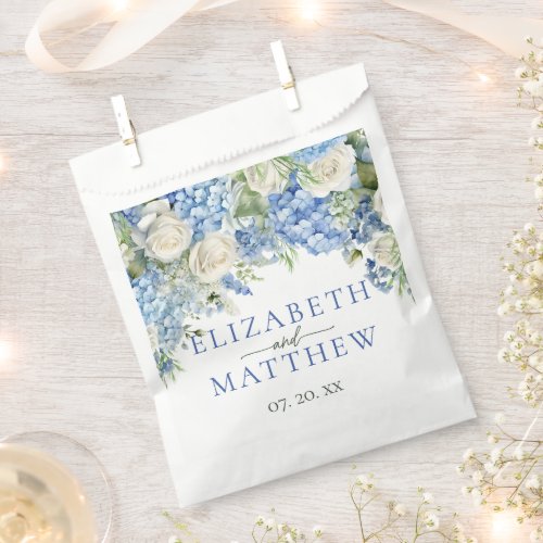 Elegant Blue Hydrangea White Roses Floral Wedding Favor Bag