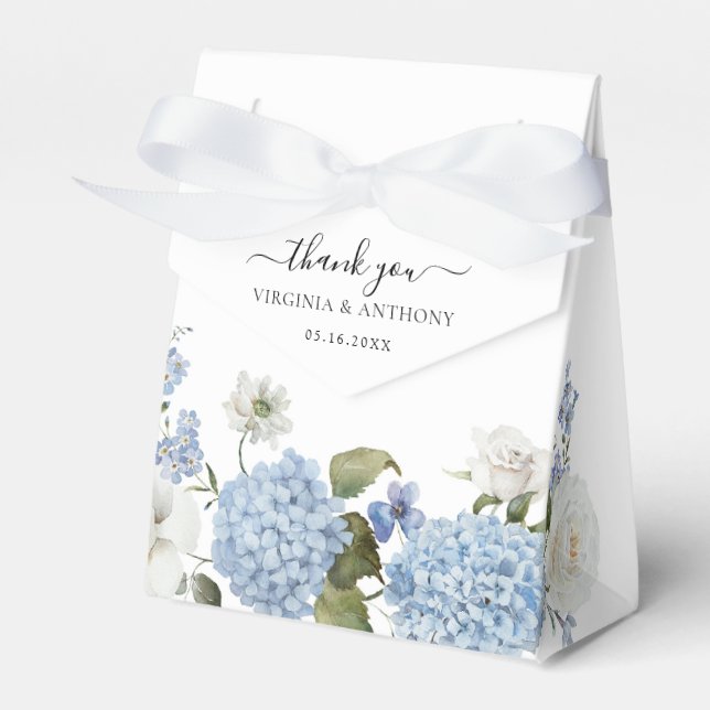 Elegant Blue Hydrangea White Roses Floral Wedding Favor Boxes (Front Side)