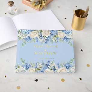 Elegant Blue Hydrangea White Roses Floral Wedding Foil Guest Book