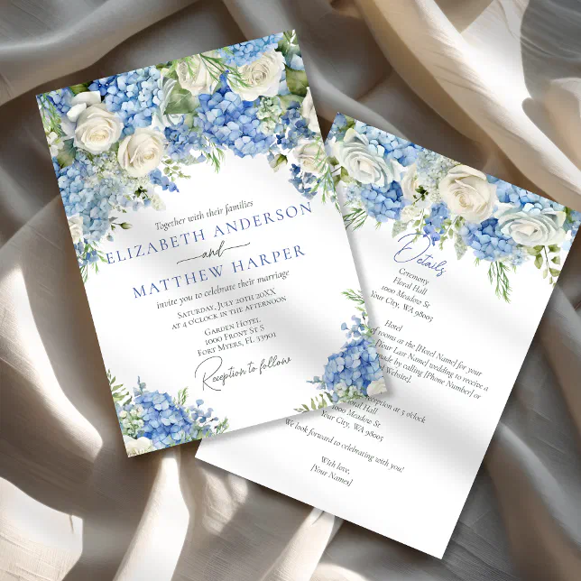 Elegant Blue Hydrangea White Roses Floral Wedding Invitation | Zazzle