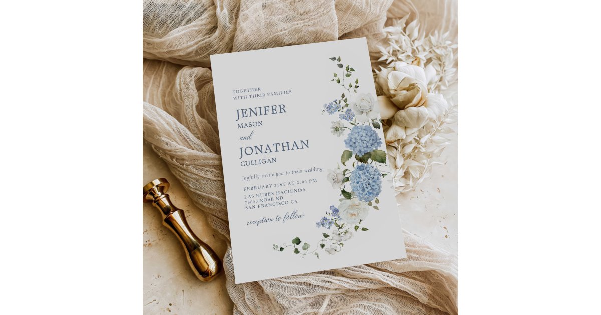 Elegant Blue Hydrangea White Roses Floral Wedding Invitation | Zazzle