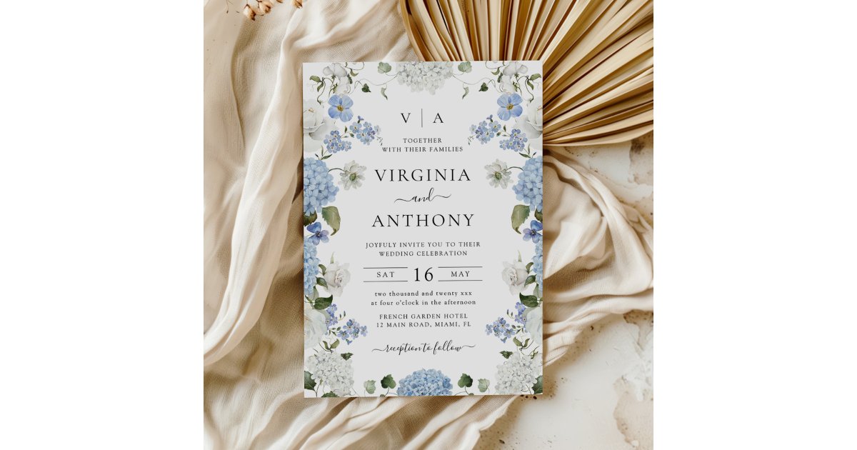 Elegant Blue Hydrangea White Roses Floral Wedding Invitation | Zazzle