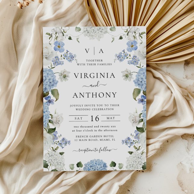 Elegant Blue Hydrangea White Roses Floral Wedding Invitation (Creator Uploaded)