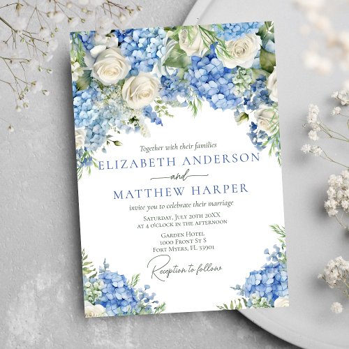 Elegant Blue Hydrangea White Roses Floral Wedding Invitation