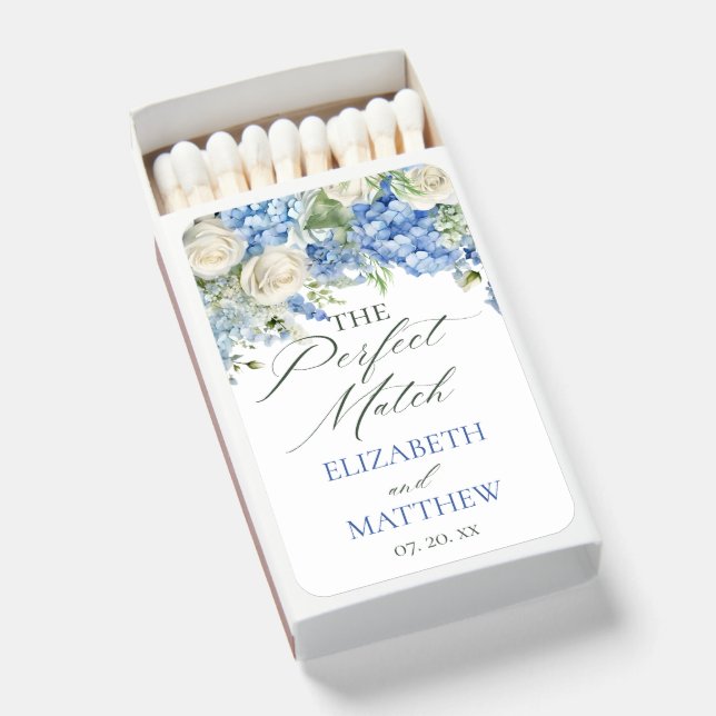 Elegant Blue Hydrangea White Roses Floral Wedding Matchboxes (Front Open)