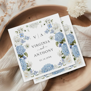 Elegant Blue Hydrangea White Roses Floral Wedding Napkins