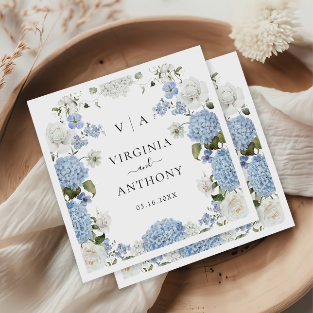 Elegant Blue Hydrangea White Roses Floral Wedding Napkins (Creator Uploaded)