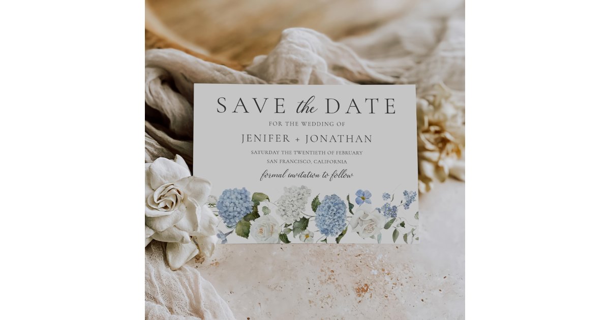 Elegant Blue Hydrangea White Roses Floral Wedding Save The Date | Zazzle