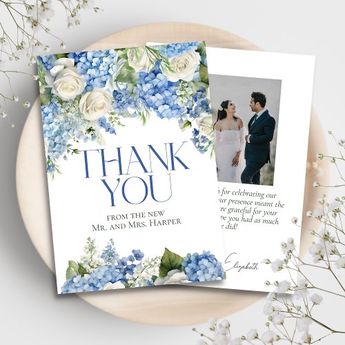 Elegant Blue Hydrangea White Roses Floral Wedding Thank You Card