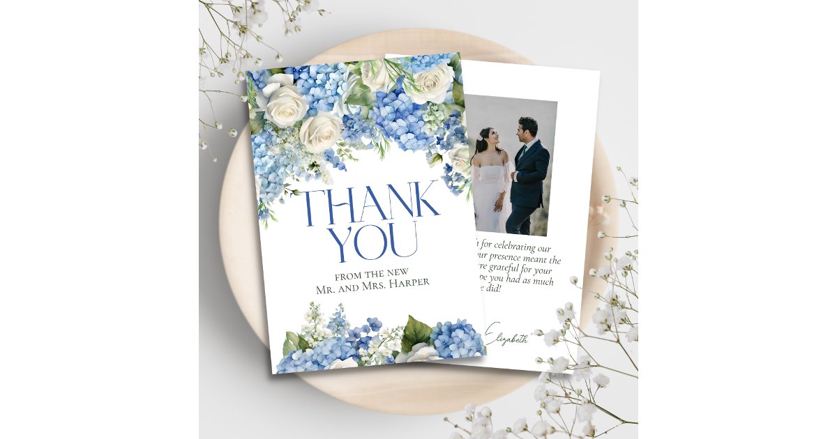 Elegant Blue Hydrangea White Roses Floral Wedding Thank You Card | Zazzle