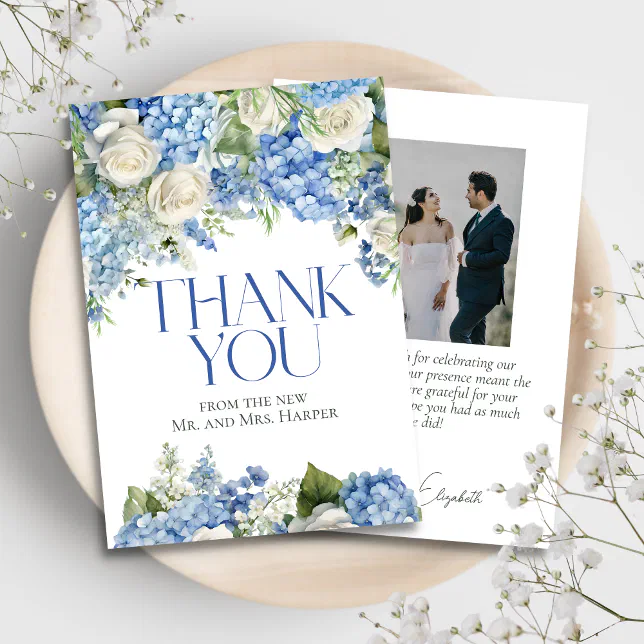 Elegant Blue Hydrangea White Roses Floral Wedding Thank You Card | Zazzle