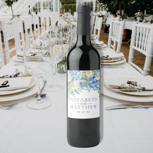 Elegant Blue Hydrangea White Roses Floral Wedding Wine Label