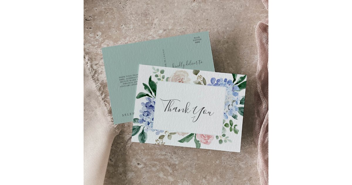 Elegant Blue Hydrangea | White Thank You Postcard | Zazzle